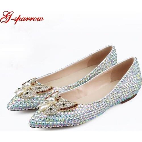 Glitter AB Crystal Bridal Shoes Rhinestone Butterfly Fashion Party Prom Flat Shoes Handmade Mother of the Bride Shoes