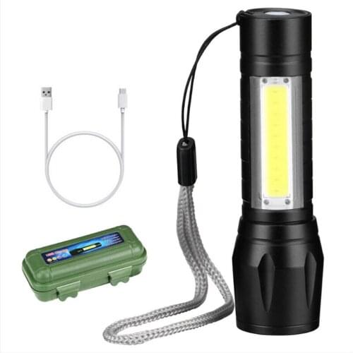 USB Rechargeable Flashlight Super Bright LED Torch COB+XPE LED Waterproof Telescopic Zoom Flashlight for Hiking Camping Light
