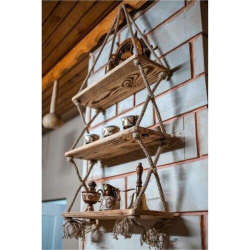 Scandinavian Styled Retro Wood 3 Eyes Rope Wall Rack 90cm X 50cm X 15cm Bookshelf & Flower bed, 100 natural Pine and Spruce