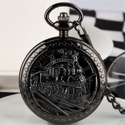 Vintage Black/Silver/Rose Gold Steampunk Train Mechanical Hand Winding Pocket Watch Antique Pendant Clock Timepiece Gifts Male