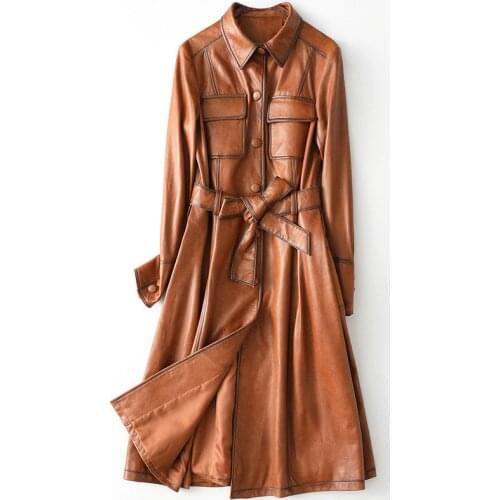 2019 New Arrival Womens Real Sheepskin Leather Jackets Quality Genuine Leather Coat Fashion Elegant Sashes Long Windbreaker