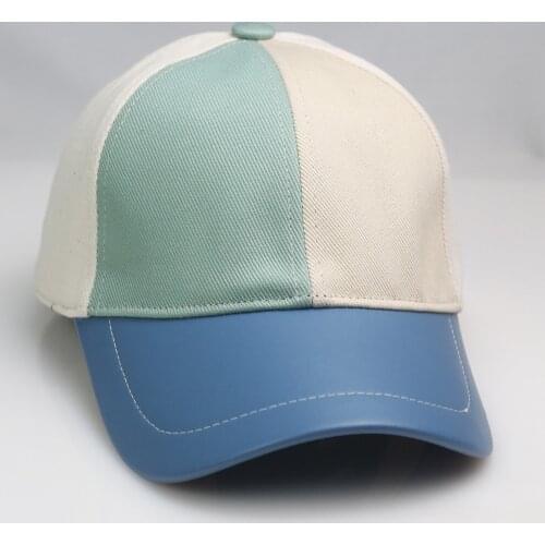 Cotton Twill Color Block Womens Baseball Cap PU Leather Brim Ladies Chic Hats Blue White Brown