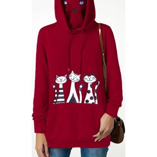 2021 Hot Style Women Cartoon Cat Print Long Sleeve Masked Splited Hoodie Girls Hooded Winter Loose Red Sport Pullover Sweatshirt