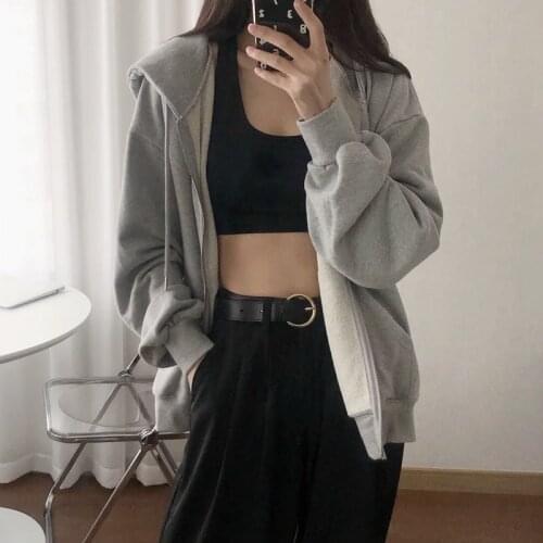 Women hoodie Solid color Grey zipper sweater autumn winter hoodie for women hooded cardigan coat womens solid BF wind loose