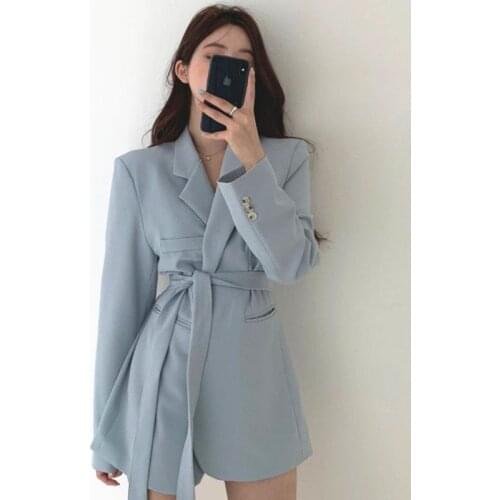 Women Elegant Suit Blazer Office Jacket Ladies Oversized Fashion Double Buttons Long Loose Belt Suit Coat Casual Autumn 2021 New