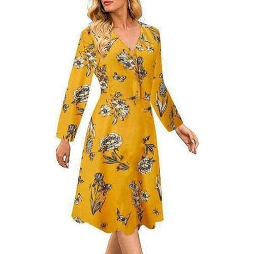 Women Dress Stylish Flower Print Sexy V Neck Long Sleeve Large Hem Plus Size Autumn Women Slim Party Knee-length Dress vestidos