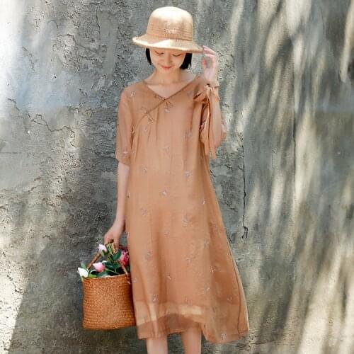 Women Loose Tencel V Neck Embroidery Dress Ladies Loose Patchwork Dress Female Summer 2021 Embroidered Dresses