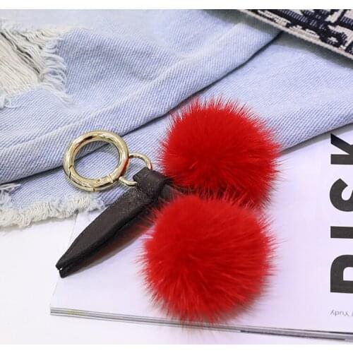 1 piece cheap Mink Fur Pom pom Keychain Cherry Fluffy Bag Purse Charms Leather Key chains llaveros para mujer female Gift