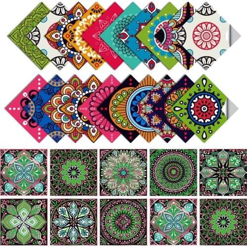 10pcs/set Colorful Pattern Mandala Pattern Tile Sticker Kitchen Bathroom Waterproof Self-adhesive Wall Sticker Home Decoration