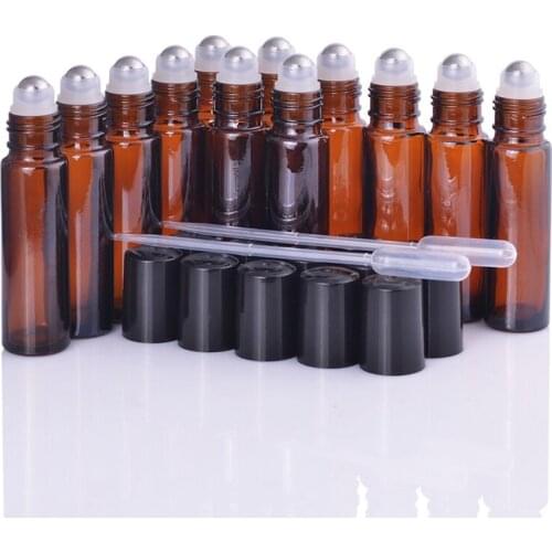 28pcs 10ml Portable Amber Glass Roller Rollerball Essential Oil Bottle Vials Mist Container Refillable Roller Ball For Perfume