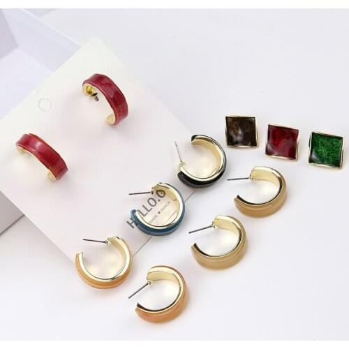 6pcs Korean New Vintage Small Earrings For Women Fashion Drop Oil Geometric C Shaped Stud Earrings Diy Ear Jewelry Accessories