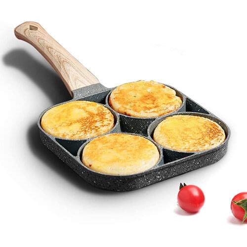 Pancake Frying Pot Four-hole Thickened Omelet Pan Black Non-stick Egg Steak Ham Wooden Handle Kitchen Breakfast Egg Cooking Pot