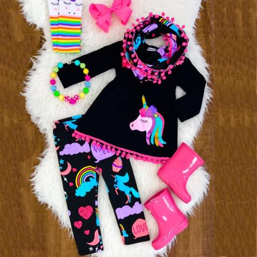 Unicorn Baby Girls Clothes Set 2-7Y Kids Baby Girls 2PCS Cartoon Clothes Set Long Sleeve Mini Dress+Long Printed Pants