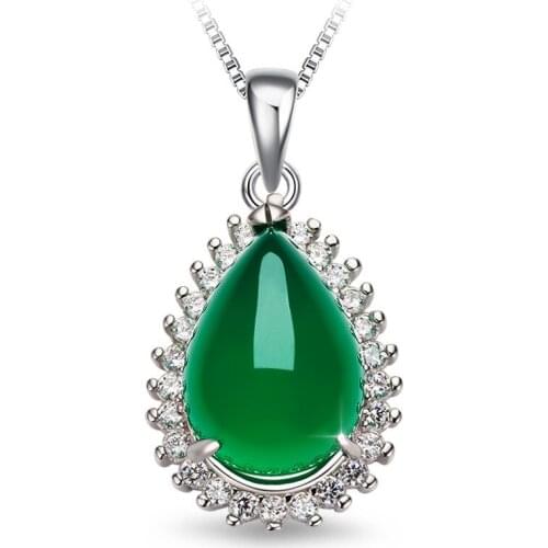 925 Silver Color Necklace Green Agate Pendant Chalcedony Pure Jewelry Pierscionki Emerald Gemstone s