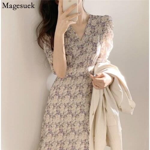 Korean 2021 Summer Printing Dress Style Vintage Floral Long Dress High Waist V-neck Short Sleeve Fashion Party Dresses 9813