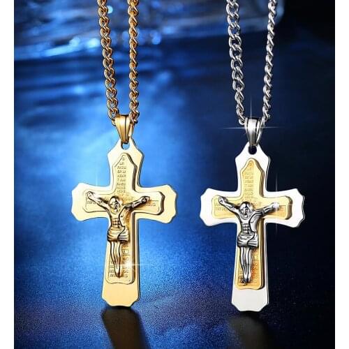 Fashion Cross Crucifix Pendant Necklace For Men Crucified Jesus Necklaces Stainless Steel 24 Inch Chain Male Jewelry