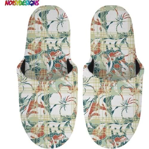 NOISYDESIGNS Retro Scottish Tartan with Hibiscus Leaves Print Women Plush Slipper Home Winter Warm Casual Shoes Slippers 2021