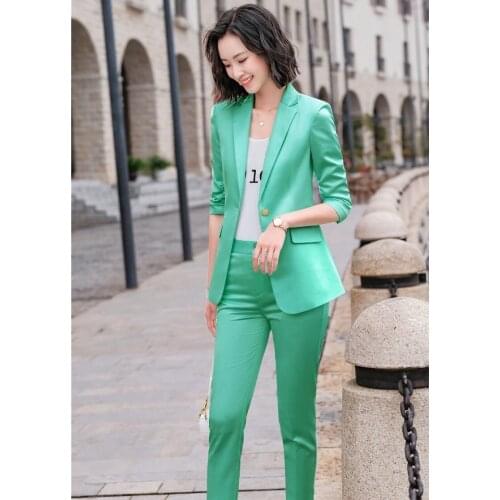 Novelty Green Formal Half Sleeve Women Business Suits Spring Summer Female Pantsuits OL Styles Ladies Office Work Wear Blazers