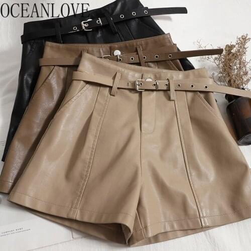 OCEANLOVE PU Shorts Women Autumn Winter Solid All Match Fashion Short Femme Korean Fashion 2021 Ropa Mujer Zipper Bottom