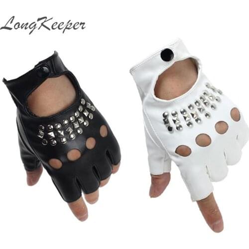 2019 Fashion Half Finger Gloves Women PU Leather Fingerless Driving Gloves Rivet Hollow Dancing Guante For Men Black white Luvas