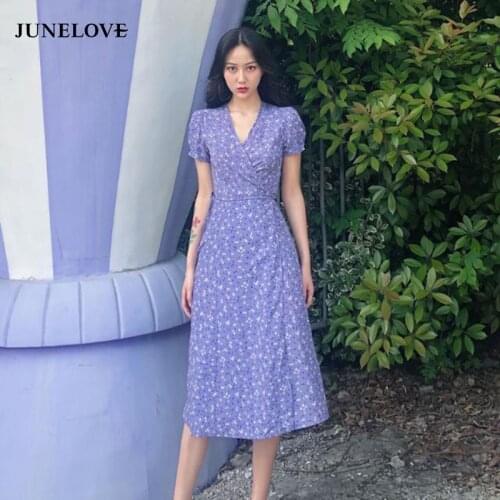 JuneLove New Women Purple Lavender Print Floral Midi Dress V-neck Short Sleeve Tunic Vestidos Gentle Romatic French Boho Dress