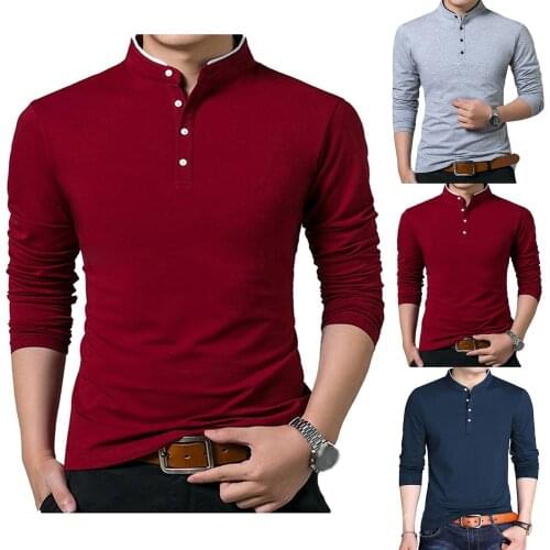 Casual Men Autumn Long Sleeve Solid Color Stand Collar Slim Base T-shirt Top