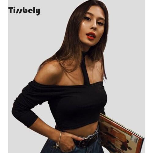 Tissbely Cotton Slash neck Slim off Shoulde Long Sleeve Tube Tops Off Shoulder Hanging neck Crop Top Short