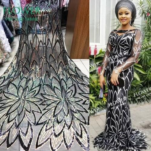 Unique Sequined Embroidered Net Lace Fabric Gold And Black Sequins Mesh Tulle Lace For Indian Guinea Wedding Party Dress Fabrics