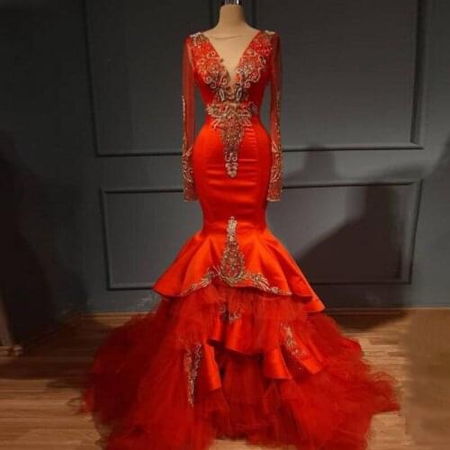 Gorgeous Red Mermaid Prom Dresses Sheer Neck Illusion Long Sleeves Appliques Beads Evening Gowns Saudi Arabia Robe De Soiree