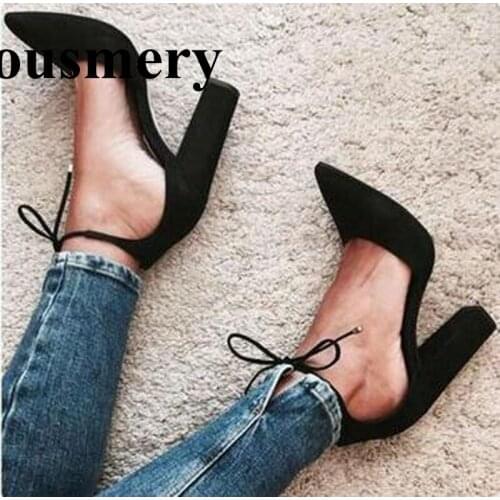 High Quality Women Fashion Pointed Toe Lace-up Suede Leather Thick Heel Pumps Ankle Strap High Heels Formal Dress Shoes