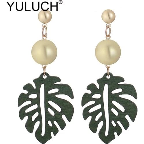 YULUCH Trendy Women Pompom Pom Long Stud Earrings 2019 Ethnic African Indian Hollow Natural Wood Leaf Pattern Big Stud Earrings
