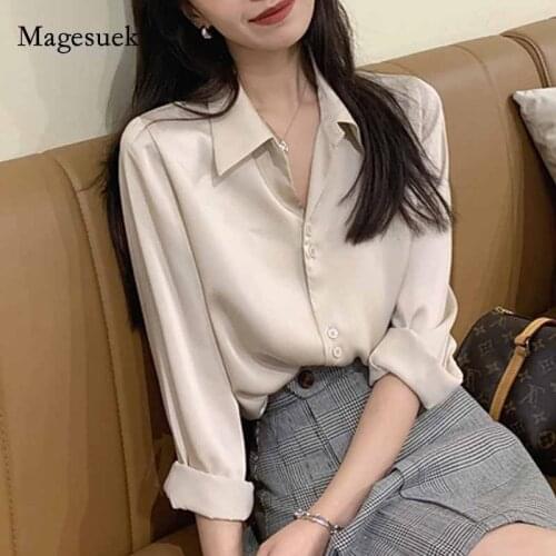 Fashion Women French Style Ladies Tops Vintage Solid 4 Colors Lapel Women Shirts Satin Shirts Long Sleeve Cardigan Blouse 11045