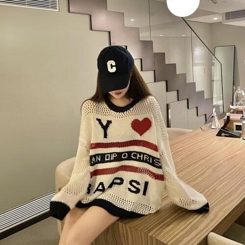 Love Letter Long Sleeve Knitted Sweater Women Autumn Loose Hollowed Out Pullover Sweater Hip Hop Streetwear Harajuku Sweater