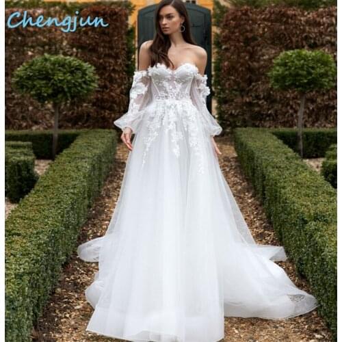 Chengjun Women Sweetheart Princes A Line Lace Appliques Tulle Off The Shoulder Bohemian Wedding Dress