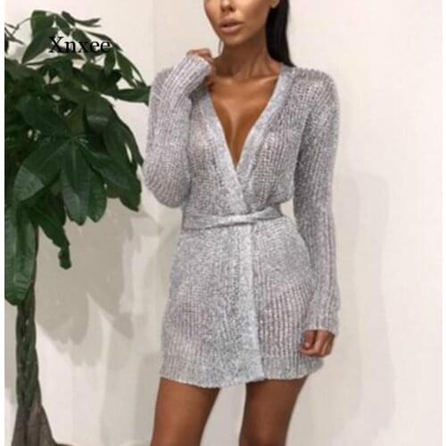 Women Sexy Dress Knitted Sweater Dress Silver Gold Club Party Bodycon Dress Deep V-Neck Long Sleeve Cardigan Robe with Belt