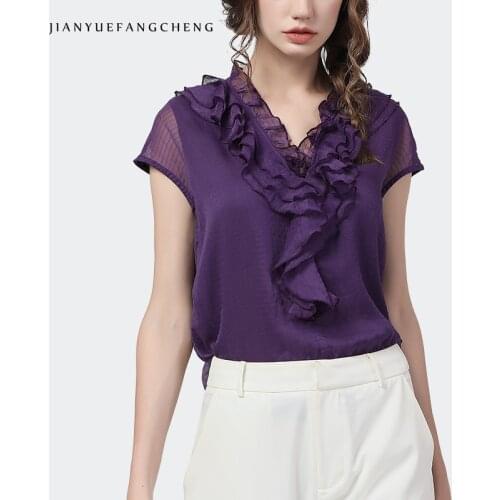 New 2020 Summer Women Short Sleeve Chiffon Blouse Ruffles V-Neck Solid Color Mesh Top Loose Plus Size Casual Blouses And Tops