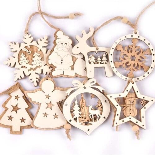 2020 New Santa Claus White Wooden Pendant Crafts Christmas Tree Snowflake Hanging Ornaments Wood Chip Xmas DIY Decoration c2725