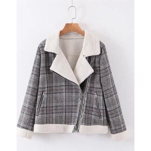 2020 Winter Women New Warm Plaid Lapel Zipper Wool Lamb Velvet Fashion Cotton Short Coat