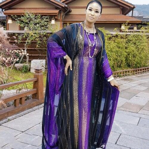 Africa Dresses For Women Round Collar Batwing Sleeve Femme Maxi Robe Abaya Fashion Stripe Print Design Nigeria Clothing