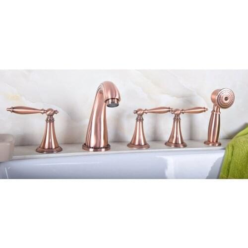 Antique Red Copper Brass Widespread Three Handles Deck Mounted 5 Holes Bathroom Tub Faucet Mixer Tap With Handshower mtf195
