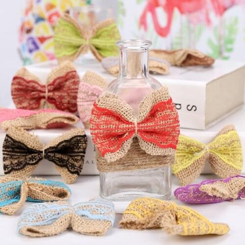 5pcs/lot Handmade Jute Burlap Bowknots Multicolor Lace Hessian Ribbon Bow Rustic Wedding Decoration For Home Wedding Supplies