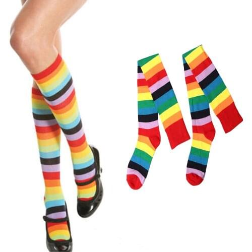 Rainbow Colorful Over Knee Stockings Polyester Cotton High Tight Long Stockings Fashion Women Stripey Stockings