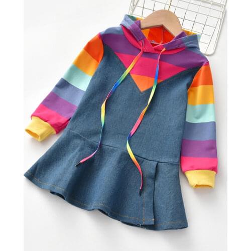 Girlsc Dress New Autumn Children Clothing Long Sleeve Rainbow Stripe Party Suits Girls' Denim hoodie Costume Baby Kids Dress 2-6