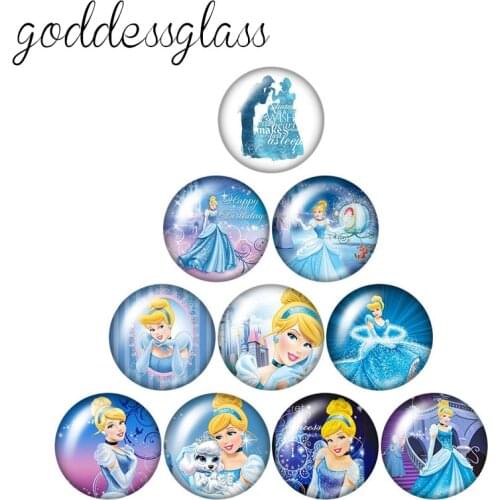 Disney Princess Cinderella 10pcs 12mm/18mm/20mm/25mm/30mm Round photo glass cabochon flat back Necklace Making findings
