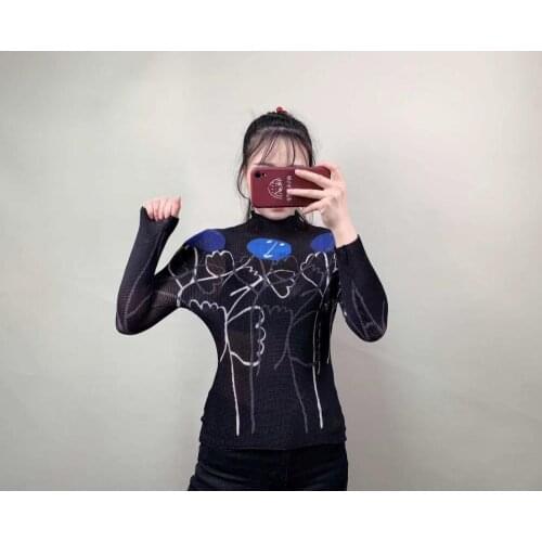 HOT SELLING Miyake FASHION stripe long sleeve stand collar Tofu pleat SEXY T-shirt IN STOCK