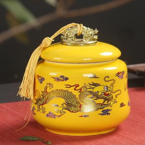 Jingdezhen Ceramic Tea Caddy Wedding Gift Red Yellow Golden Dragon Large Green Tea Candy Chinese Medicine Sealed Storage Tank