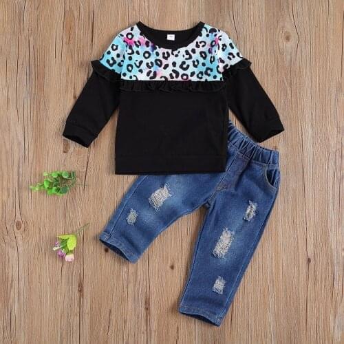 Pudcoco 1-6Years Toddler Baby Girl Long Sleeve Leopard Patchwork Tops + Hole Ripped Jeans Denim Pants 2Pcs Outfit Sets Clothing