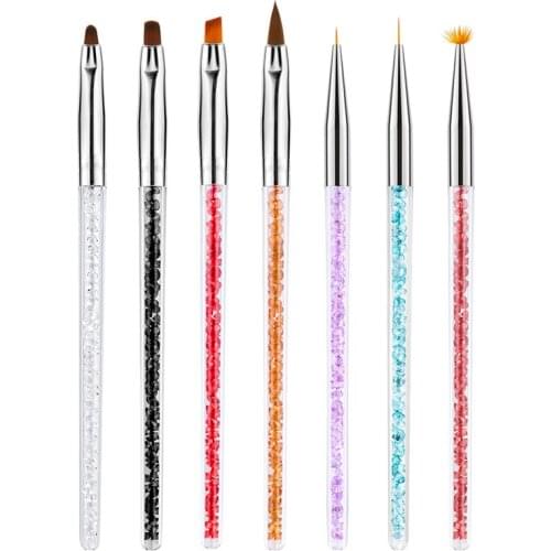 7pcs/sets Nail Art Brush Set UV Gel Nail Painting Brushes Liner Brush Nail Drawing Pen Rhinestone Handle Nail