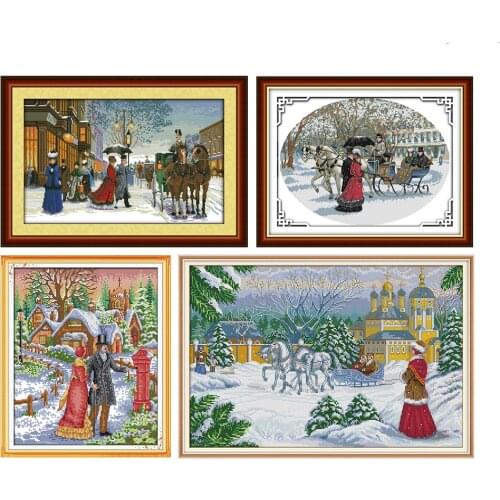 Cross stitch kits Walk On The Snow Waiting Twilight In Foreign Country Snowy Day Counted Stamped Home Decor cross stitch set