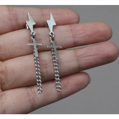 New Stainless Steel Flash Shape Cross Pendant Earrings Trendy Chain Dangling Ear Cuff Jewelry